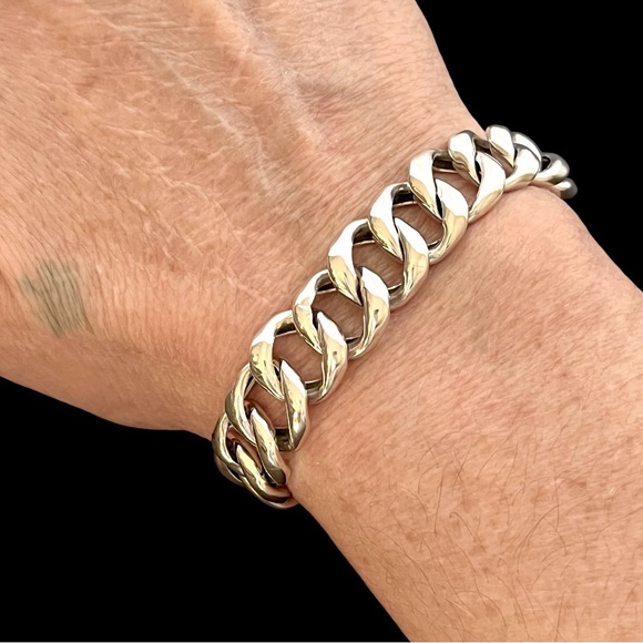 Vintage sterling silver wide Cuban link chain bracelet - Picture 2 of 9
